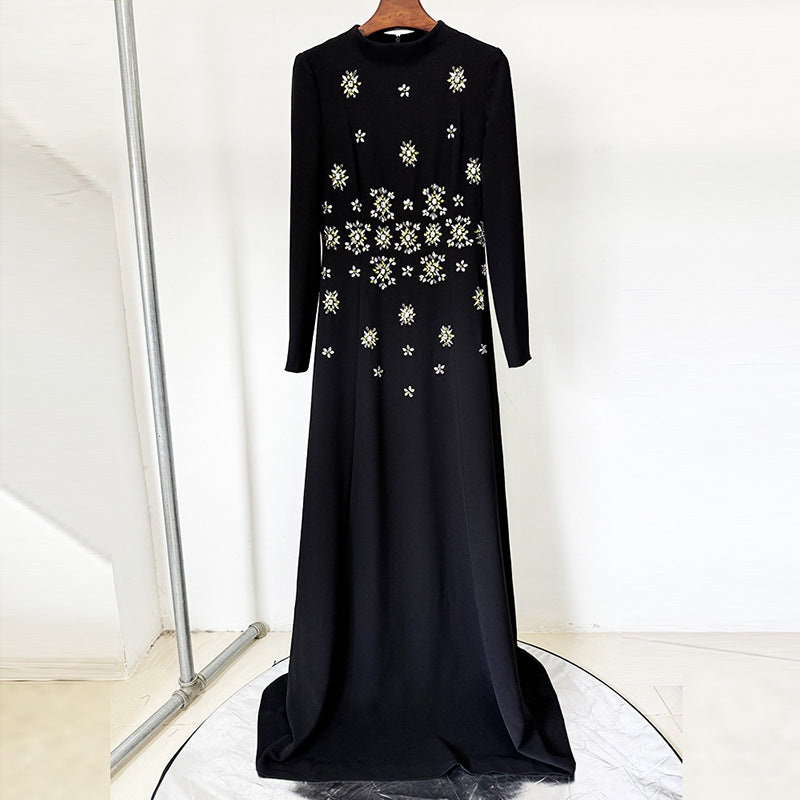 Black Crystal Starburst Long-Sleeve Evening Gown