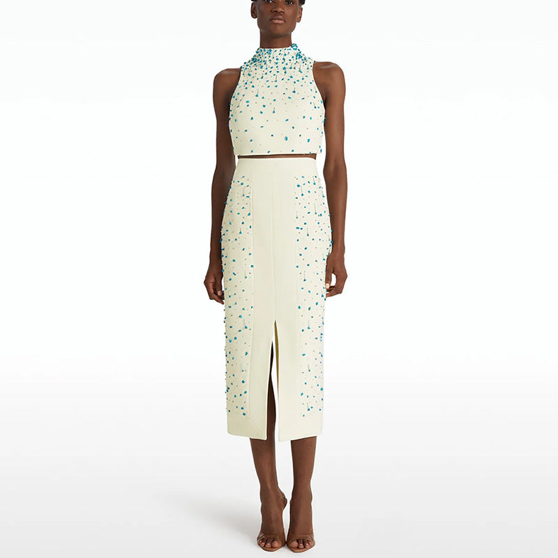 Turquoise Crystal Studded Crop Vest Skirt Set
