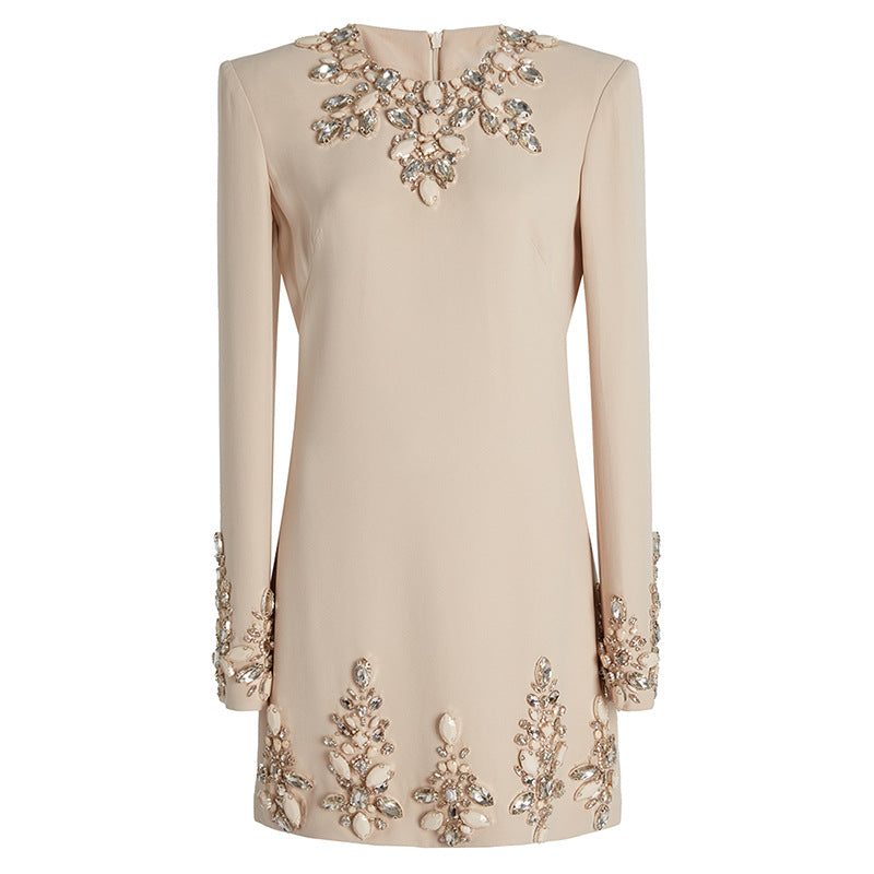 Embroidered Pearl Collar Mini Evening Dress