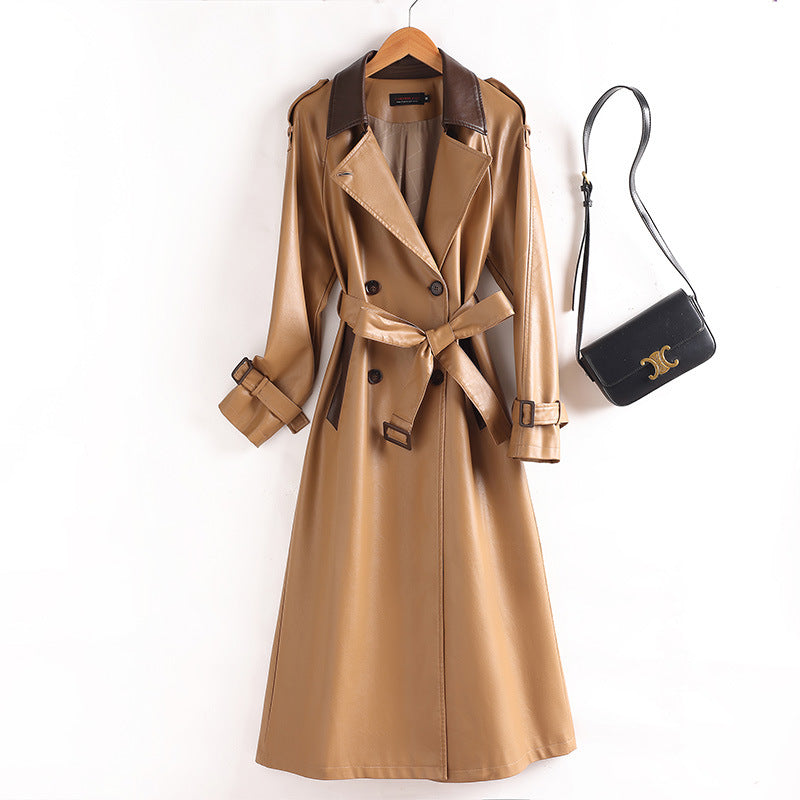 Longline Contrast-Collar Belted Leather Trench Coat