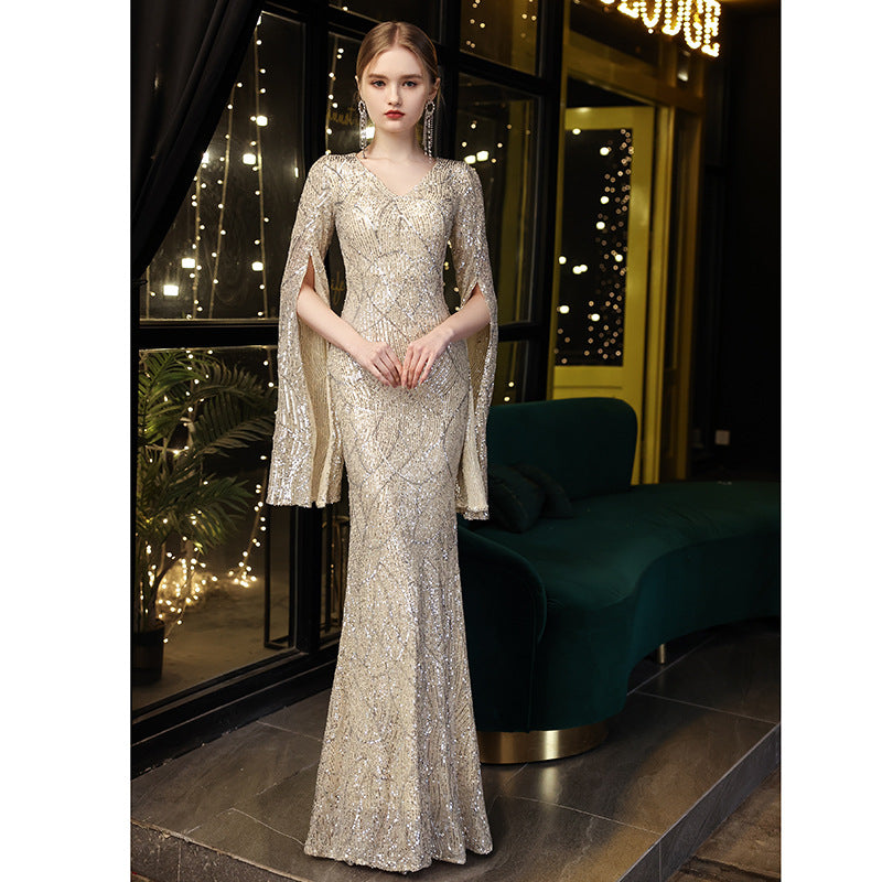 Sequined Cape-Sleeve maxi Dress