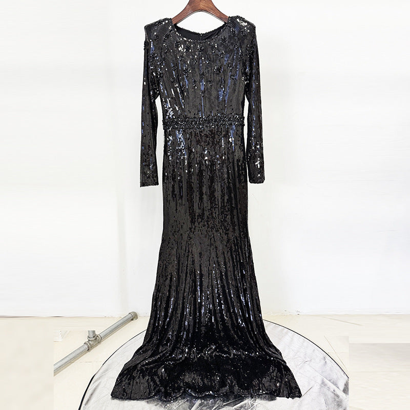 Black Sequin Long-Sleeve Mermaid Evening Gown