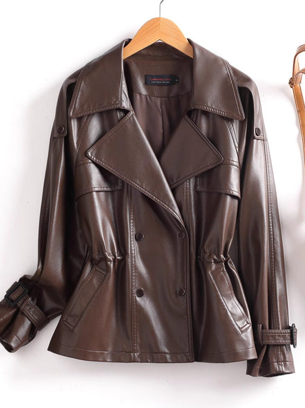 Double-Breasted Leather Jacket with Cinched Waist