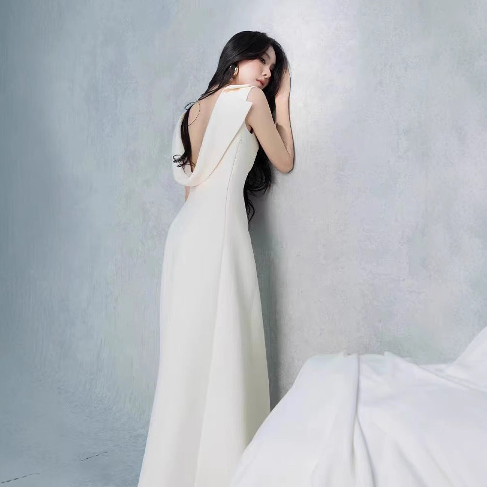 Sleeveless Asymmetric-Neck Slit Dress