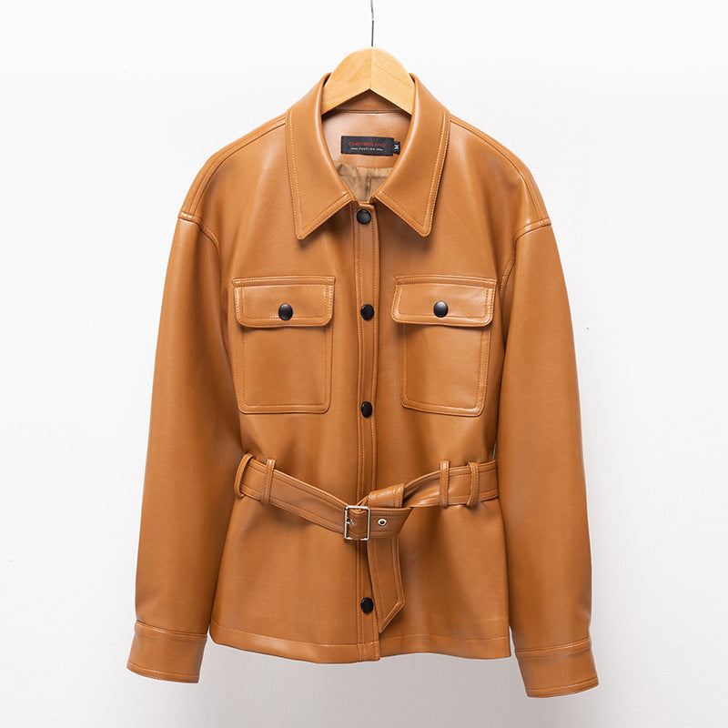 Belted Faux Leather Utility Shirt Jacket