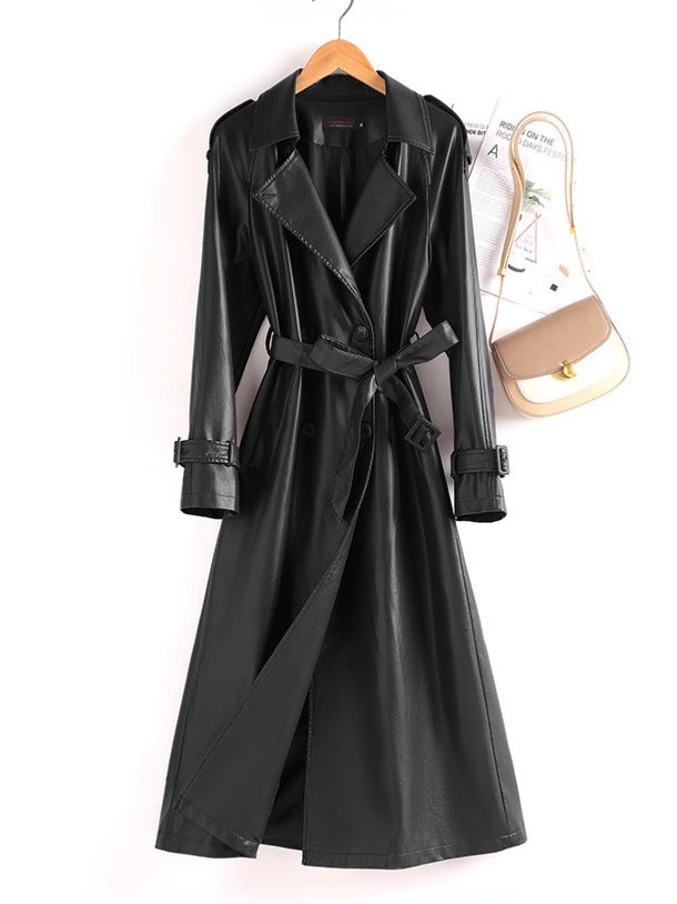 Longline Contrast-Collar Belted Leather Trench Coat
