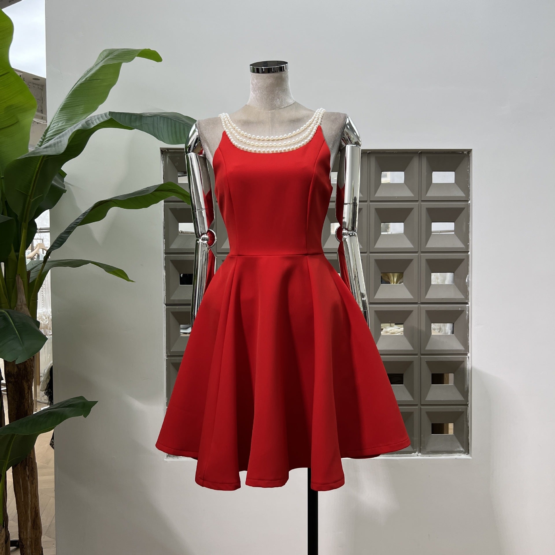 Pearl Neckline Fit-and-Flare Mini Dress