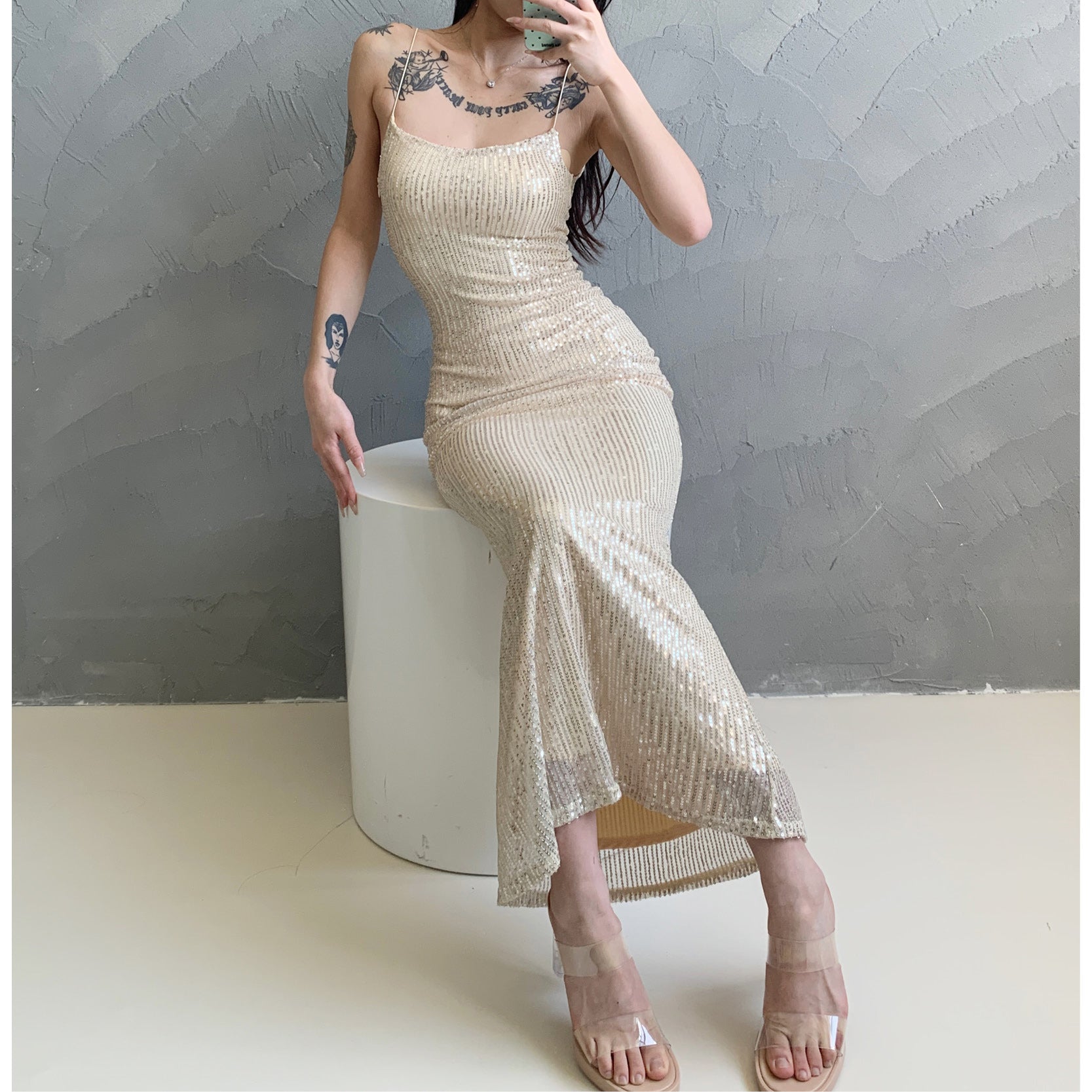 Sequined spaghetti-strap column dress, sheer hem