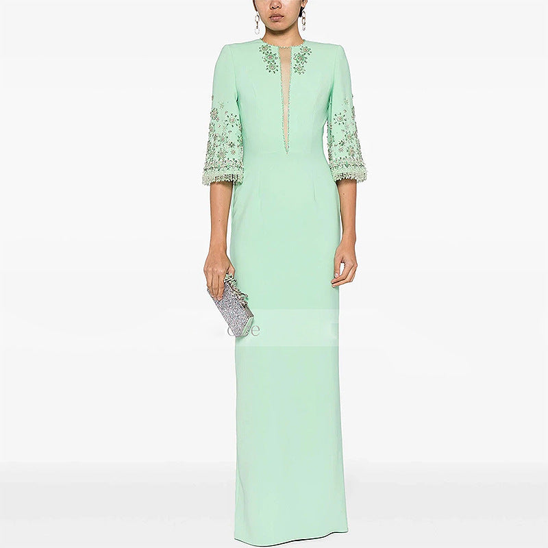 Verdant Grace Beaded Mid-Sleeve Gown