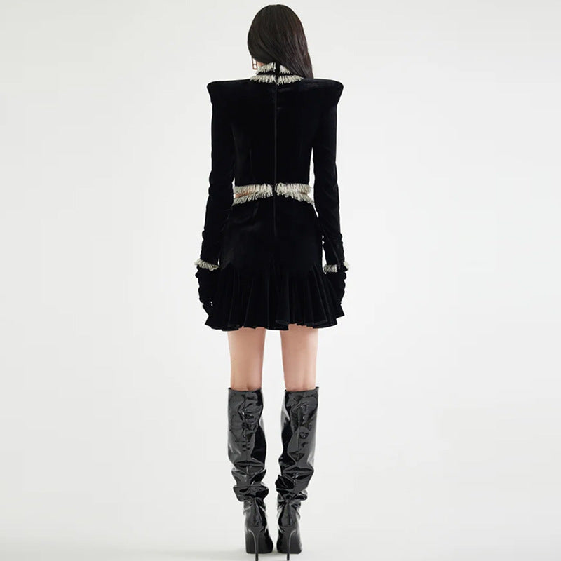 Midnight Power  Structured Velvet Fringe Dress