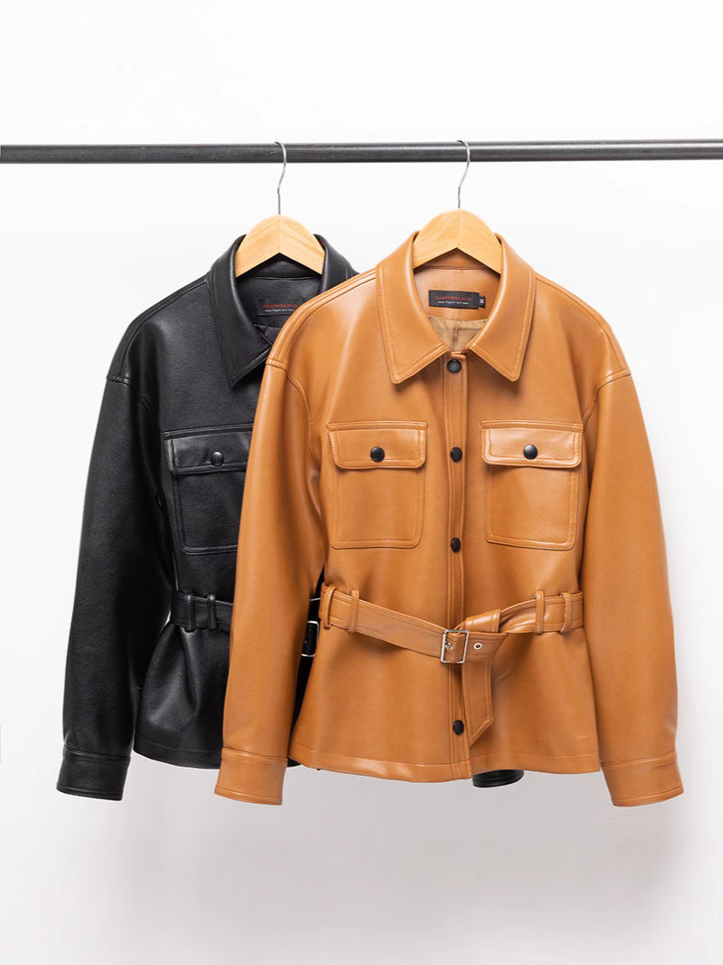 Belted Faux Leather Utility Shirt Jacket