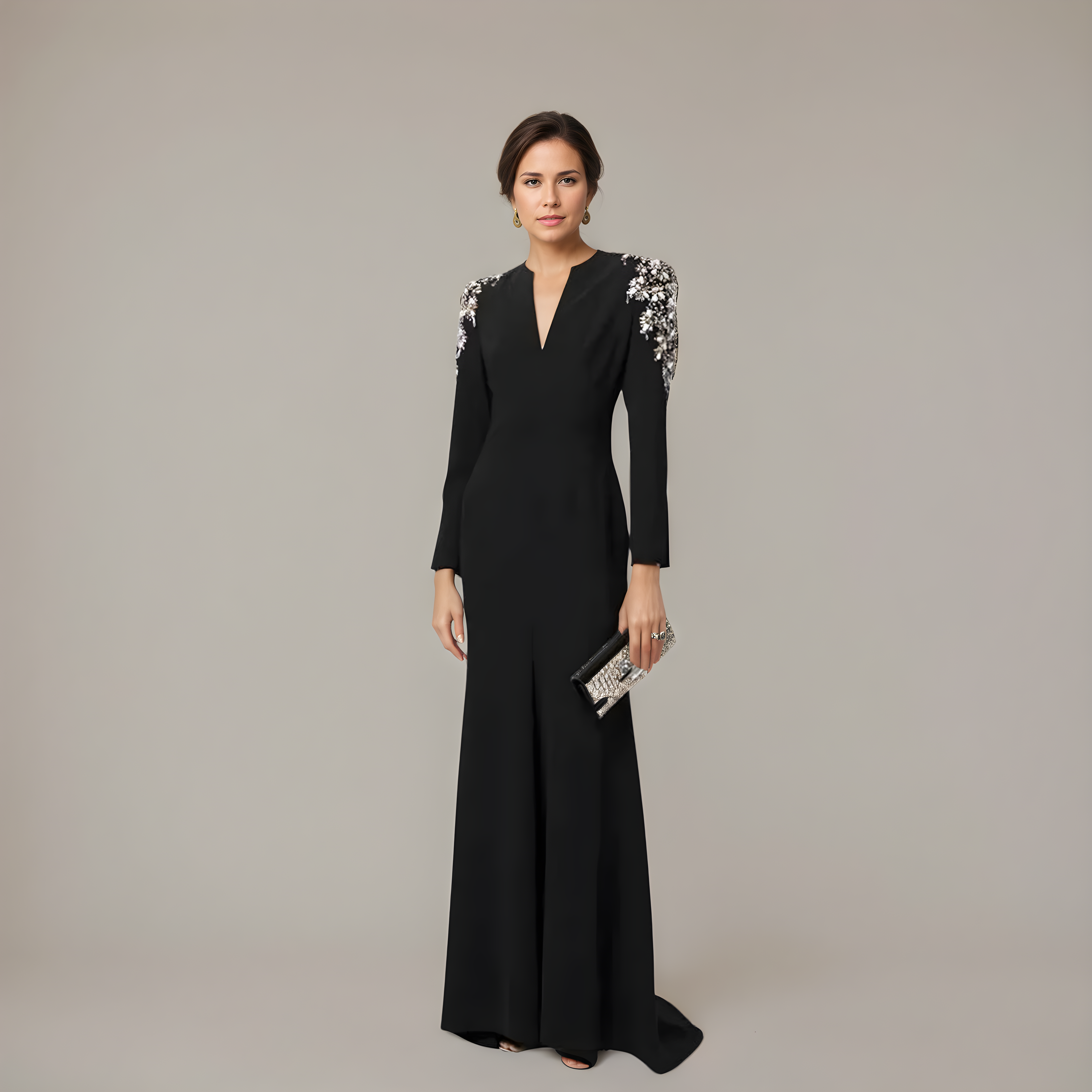 Onyx Crest Embellished Shoulder Sculpted Gown