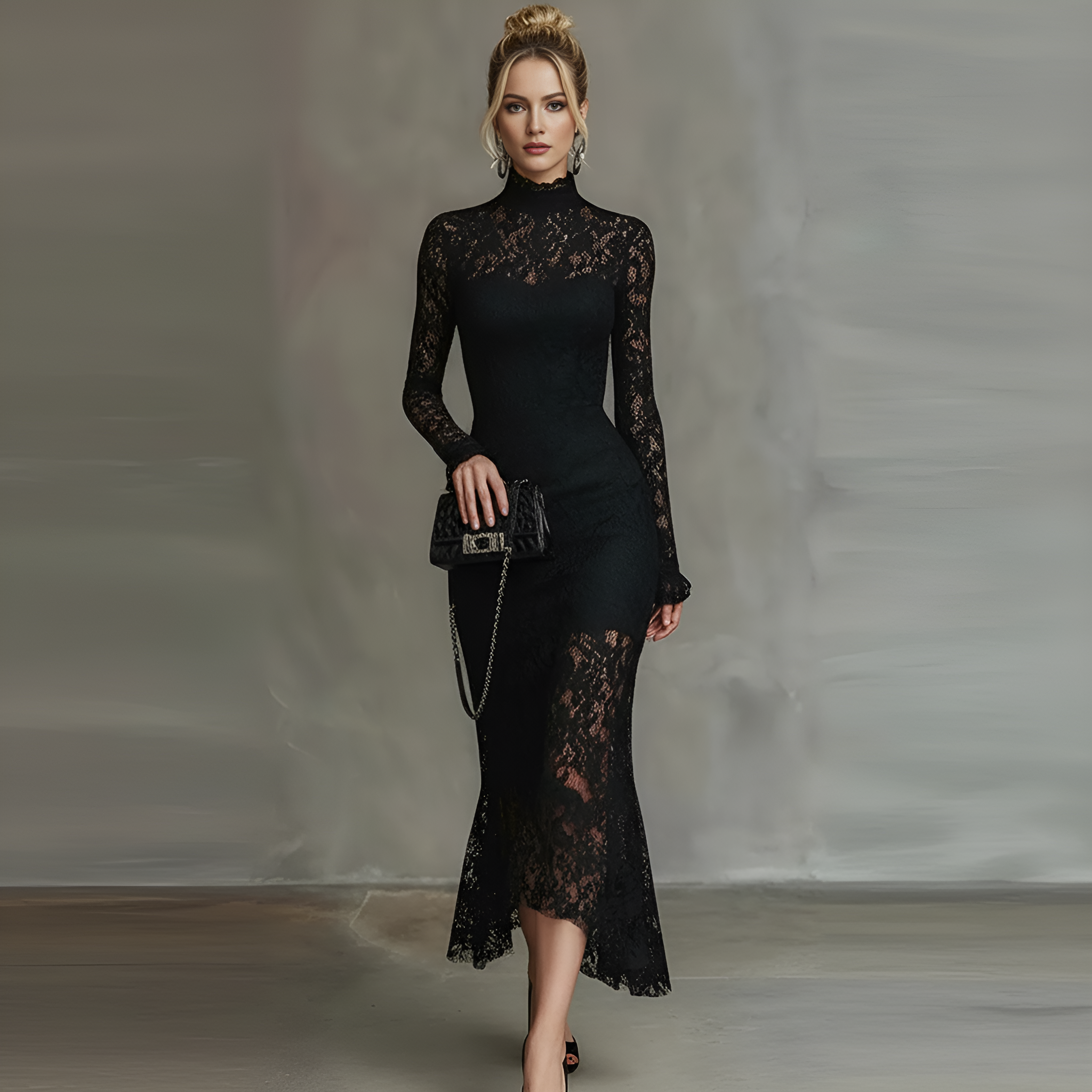 Monique High-Neck Lace Mermaid Midi Dress