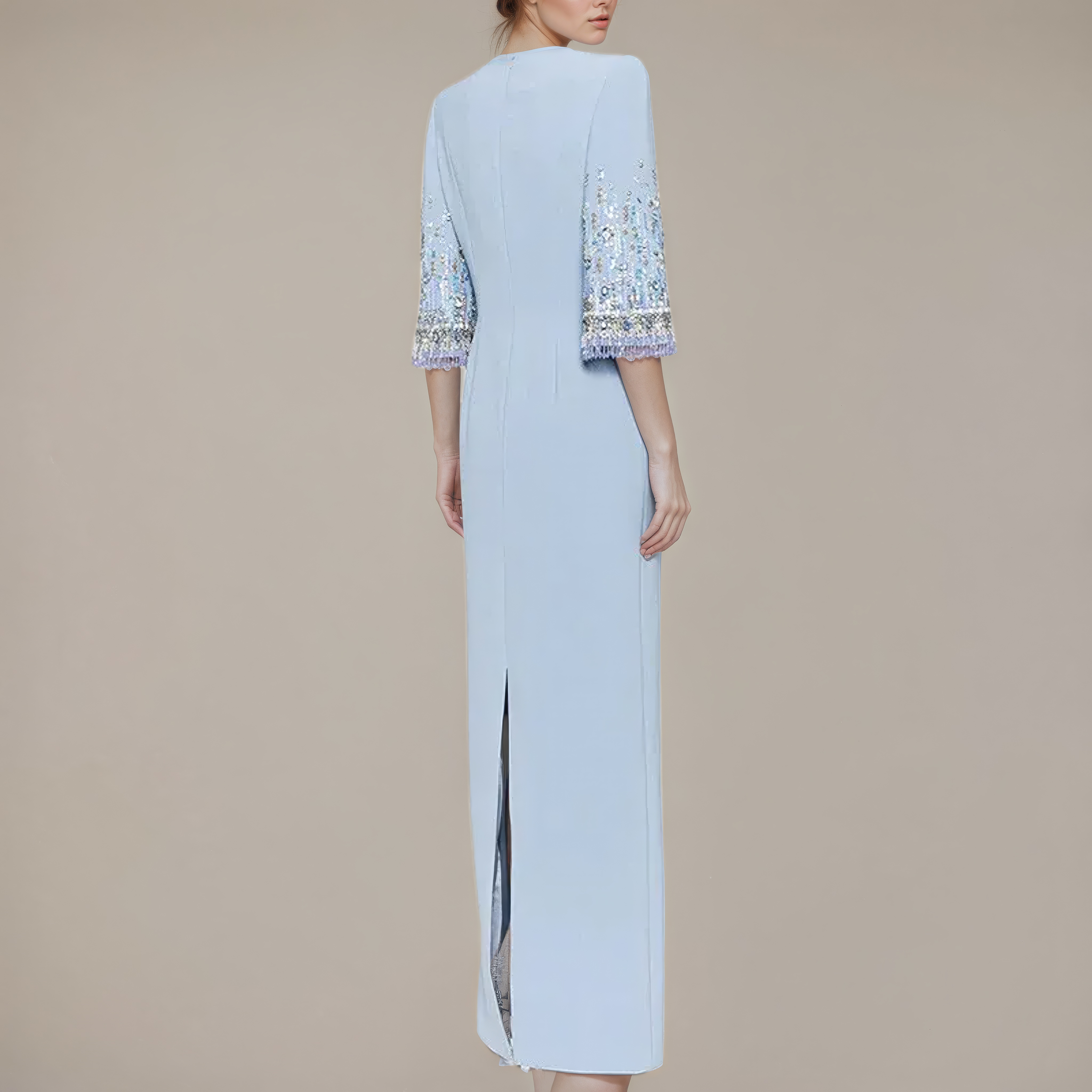 Powder Blue/Black Beaded-Sleeve Column Evening Gown