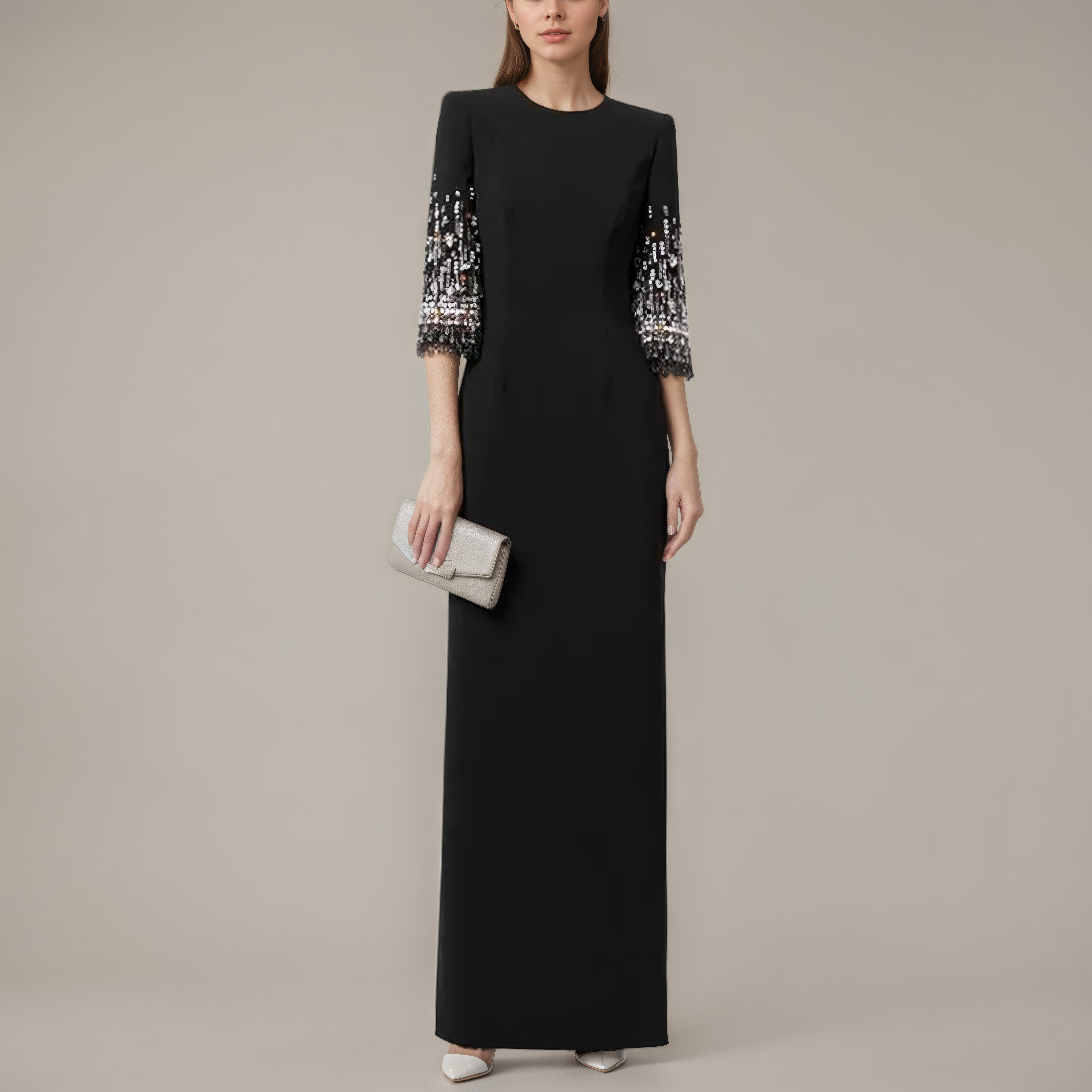 Powder Blue/Black Beaded-Sleeve Column Evening Gown
