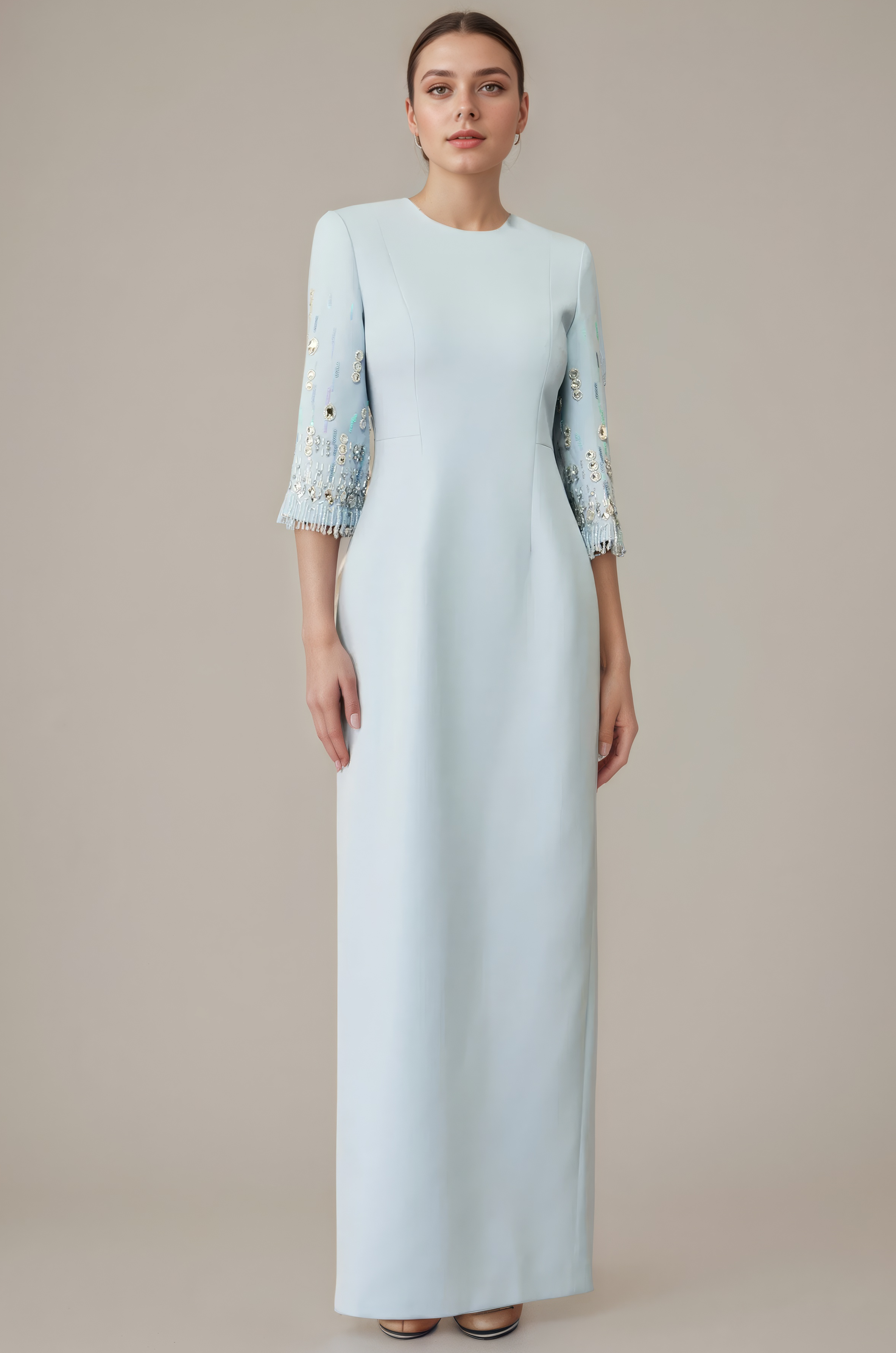 Powder Blue/Black Beaded-Sleeve Column Evening Gown