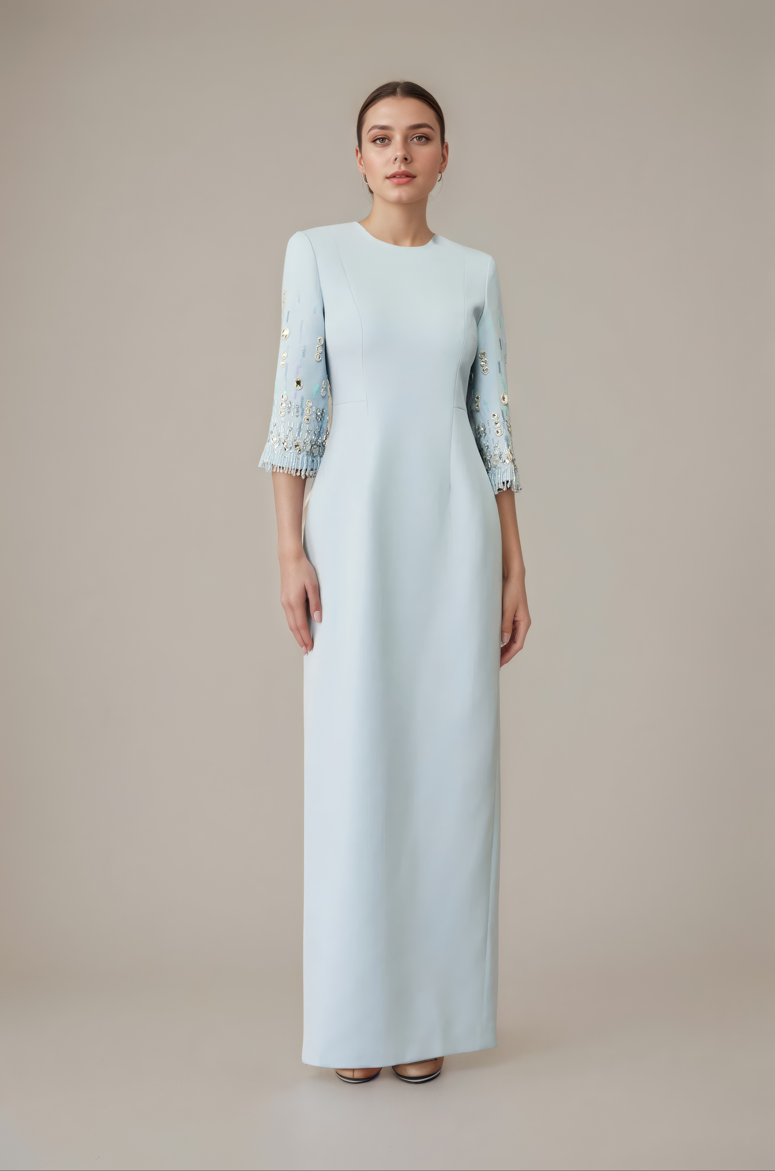 Powder Blue/Black Beaded-Sleeve Column Evening Gown