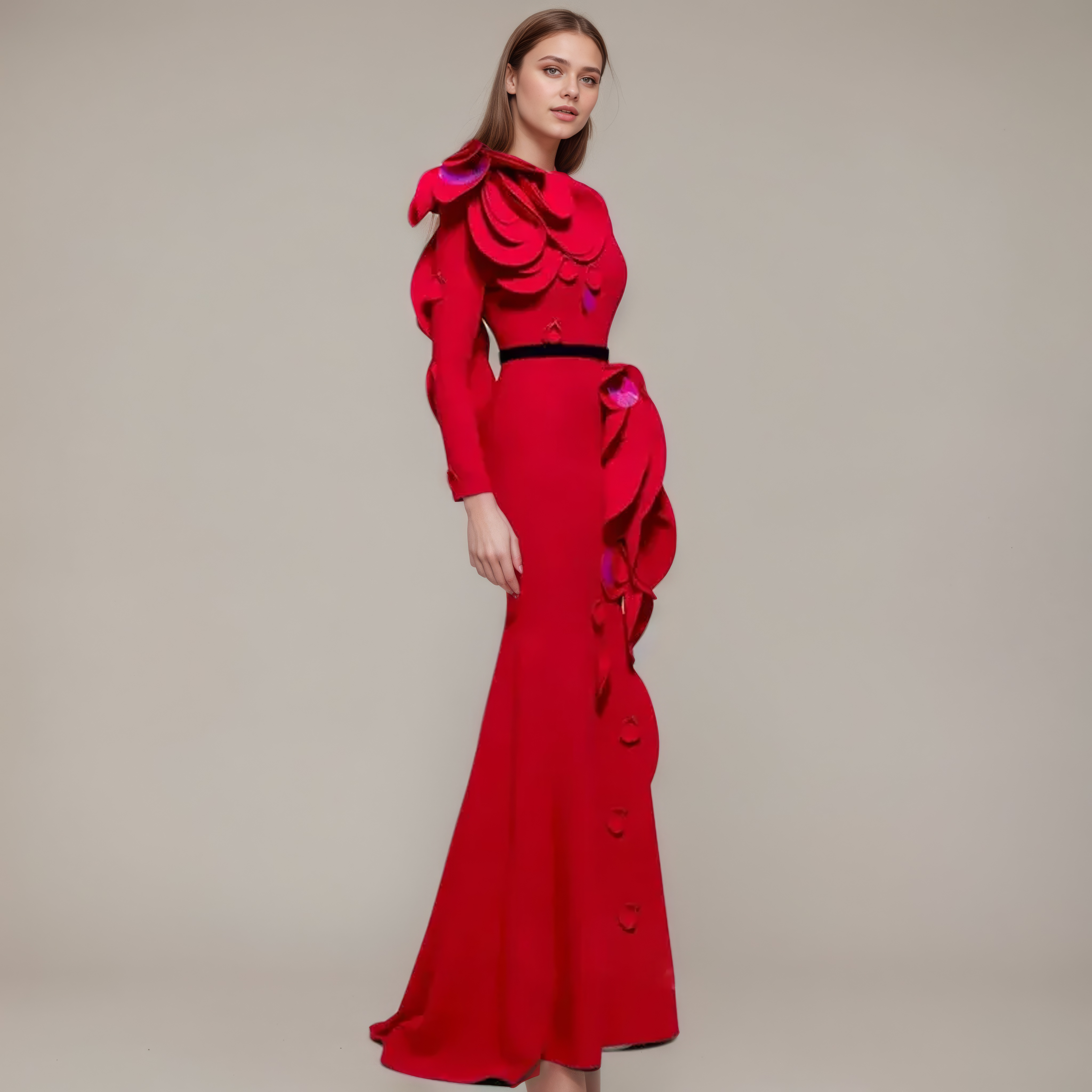 Sculpted Flame Petal Accent Maxi Gown