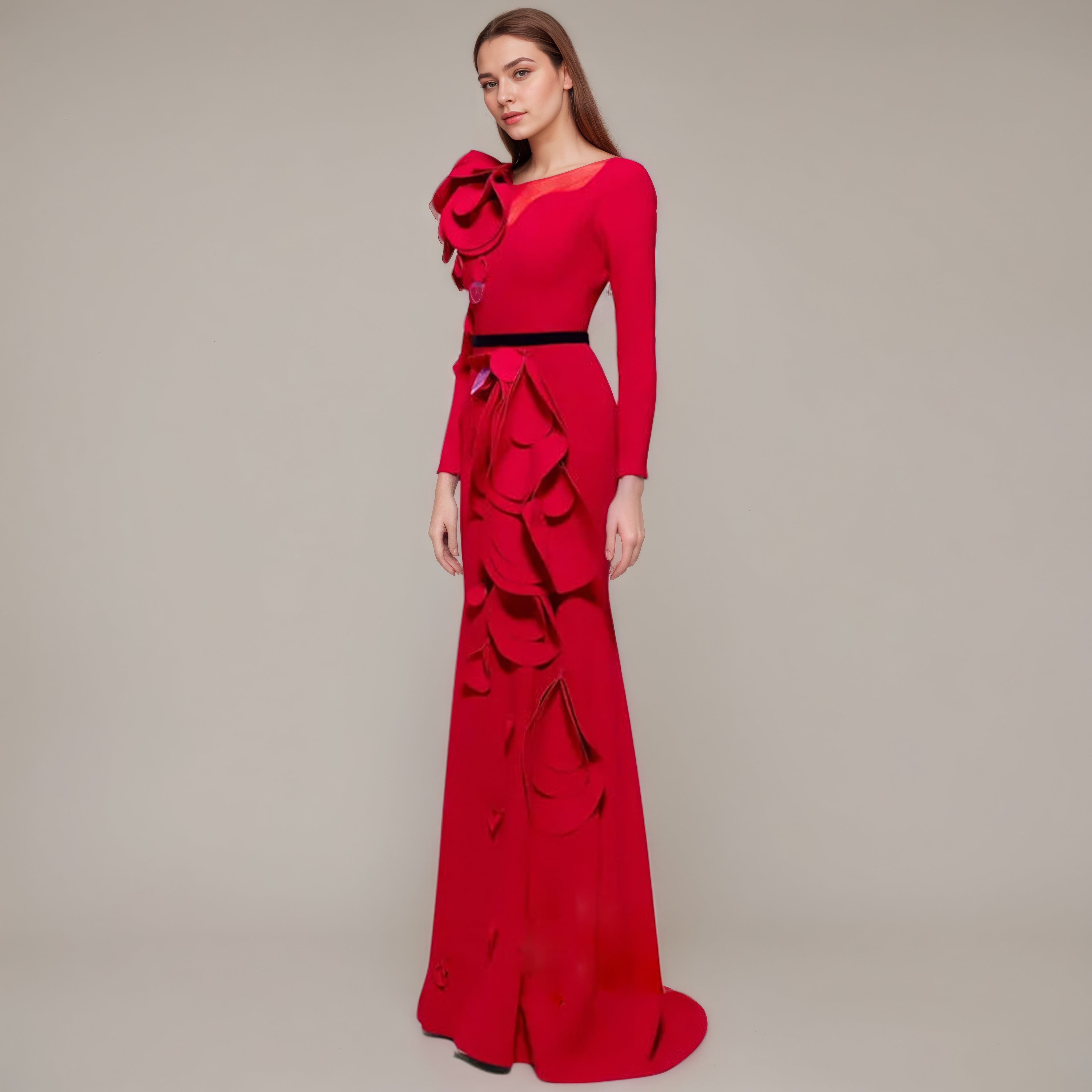 Sculpted Flame Petal Accent Maxi Gown