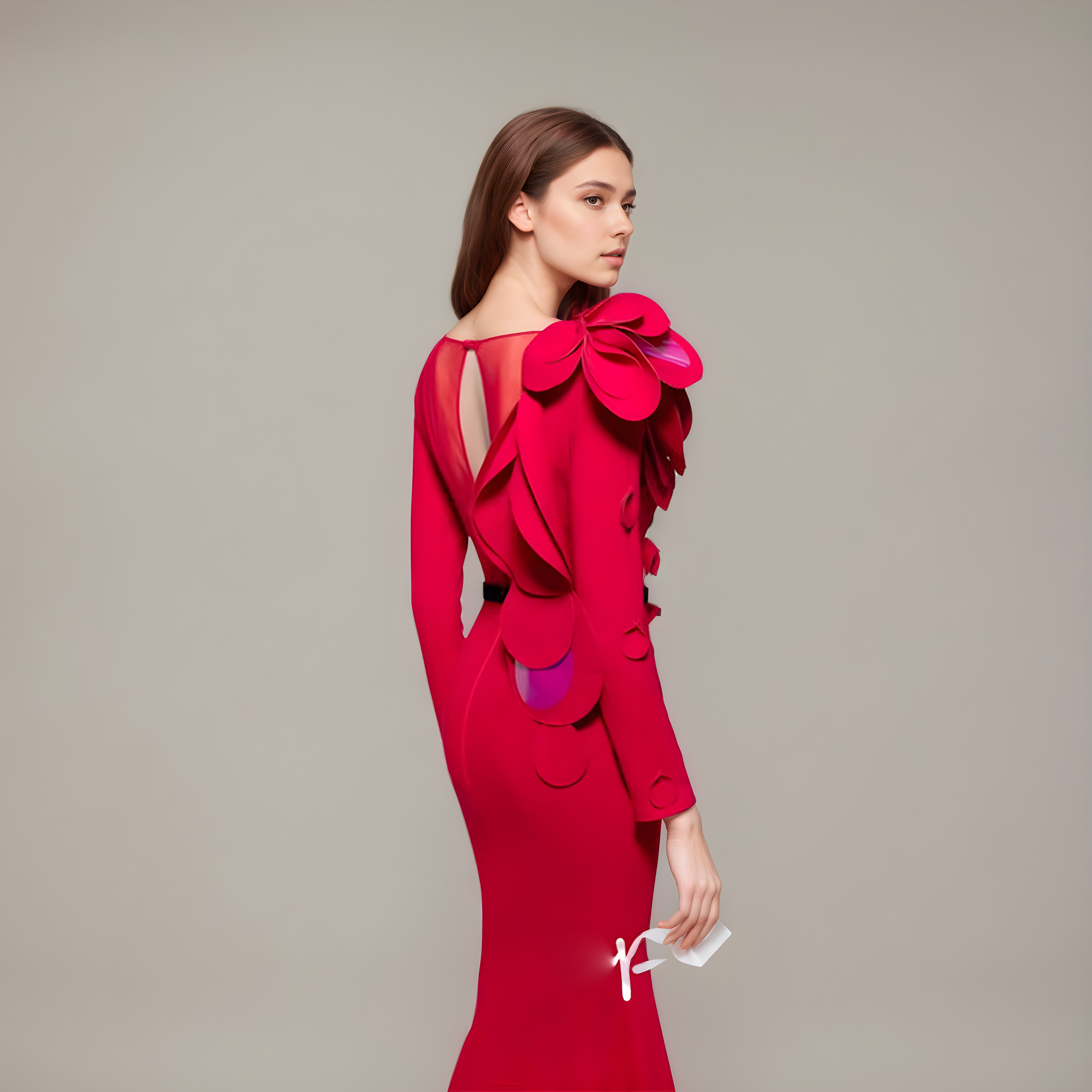 Sculpted Flame Petal Accent Maxi Gown