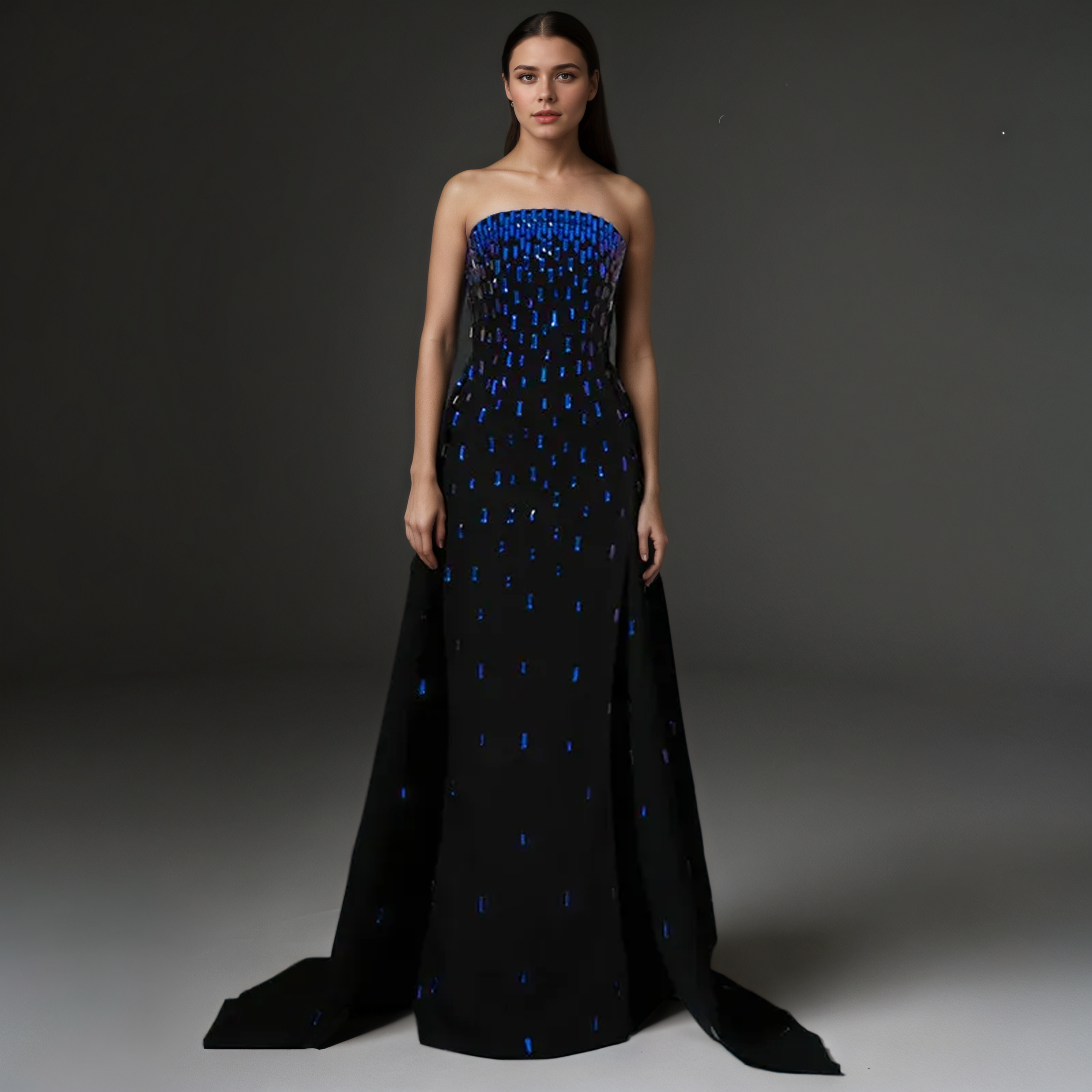 Strapless Black Column Evening Gown with Blue Sequins