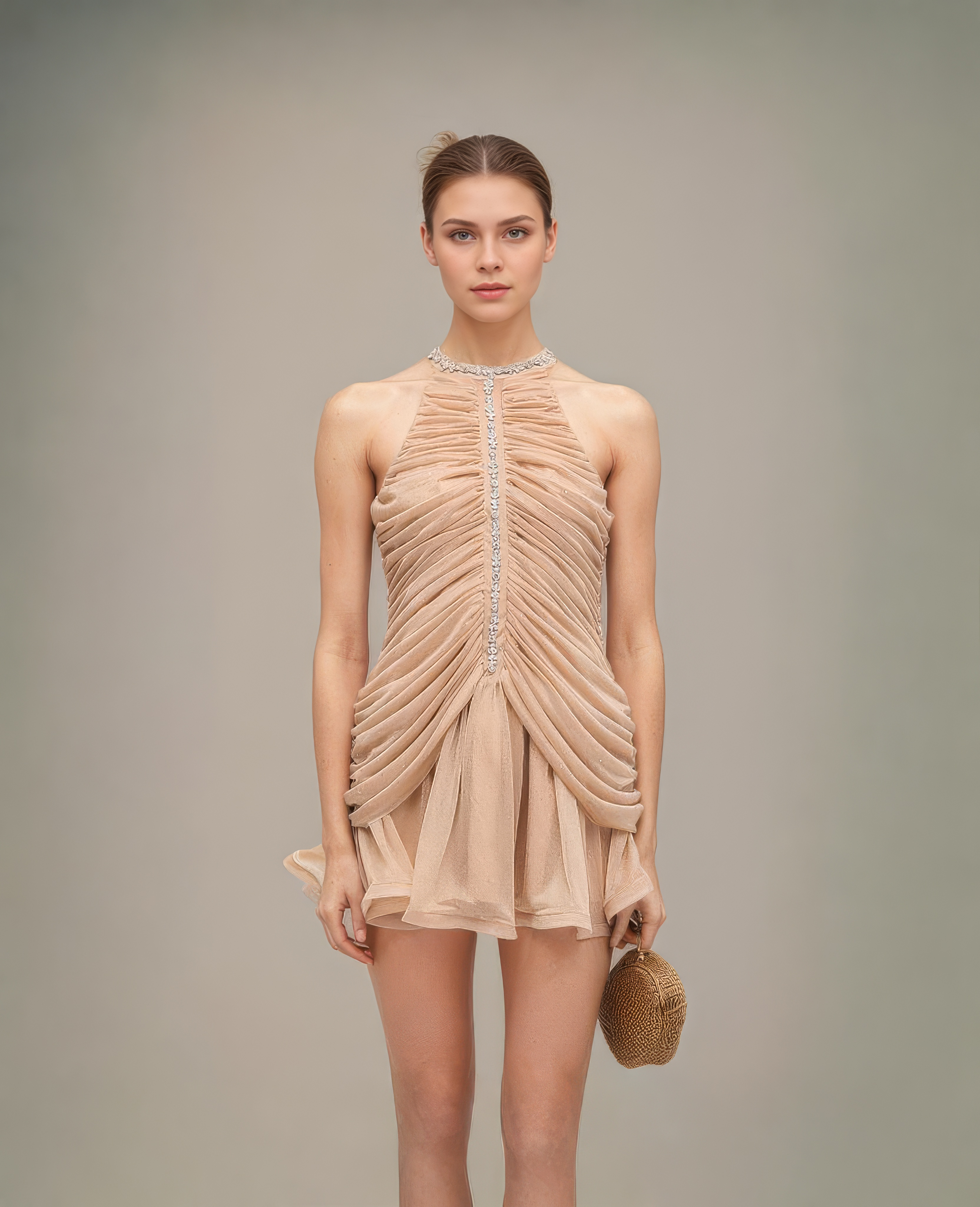 Nude-toned mini dress with halter neckline