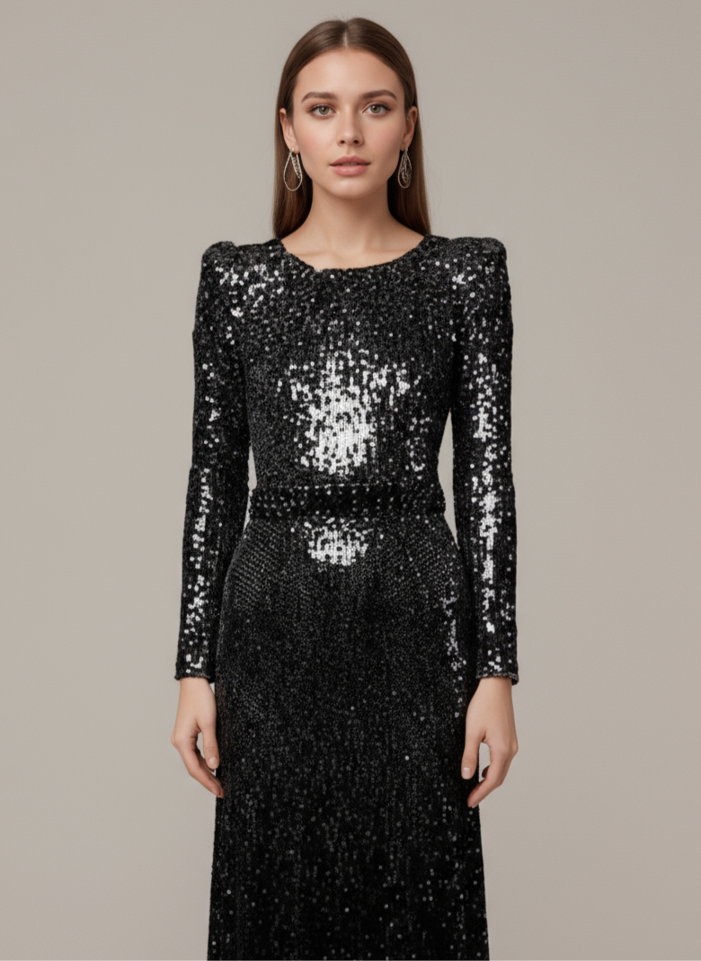 Black Sequin Long-Sleeve Mermaid Evening Gown