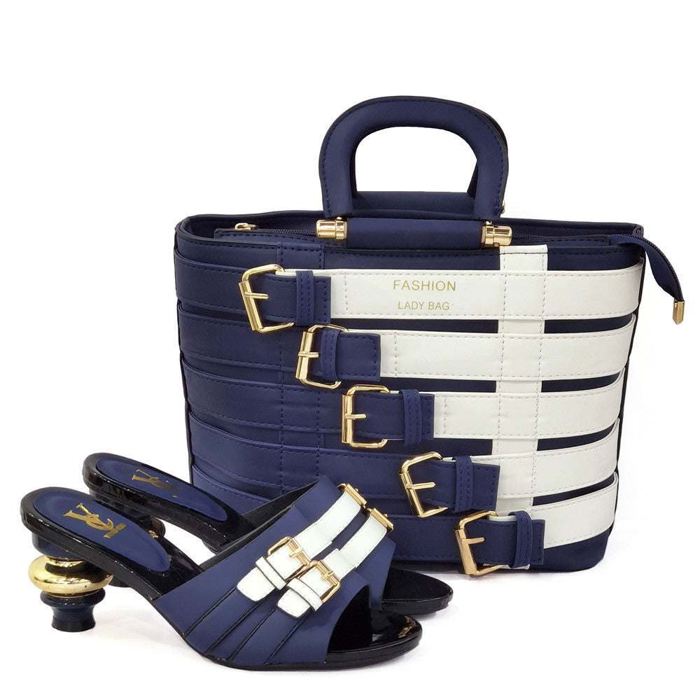 African Metal Buckle Round-Toe Mid-Heel Shoes & Bag Set — front view