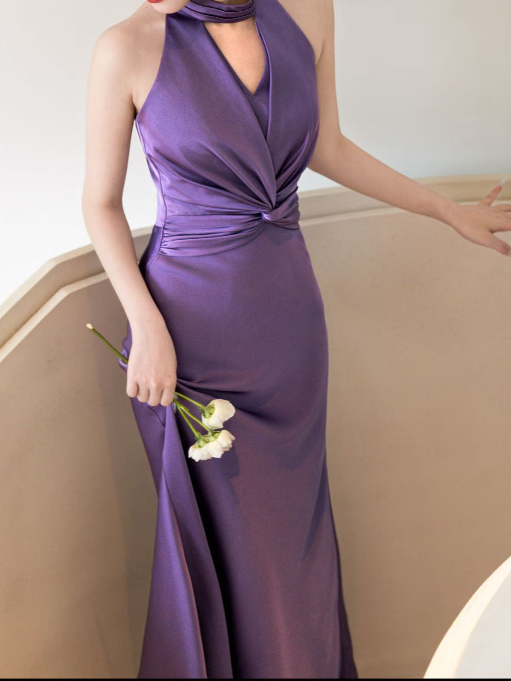 Albane Purple Satin Halterneck Twist-Knot Maxi Gown - additional view 4