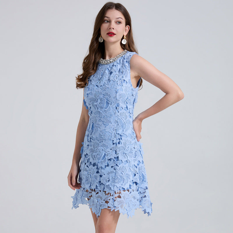 Annelise Blue Crystal-Neckline Guipure Lace Mini Dress - additional view 4