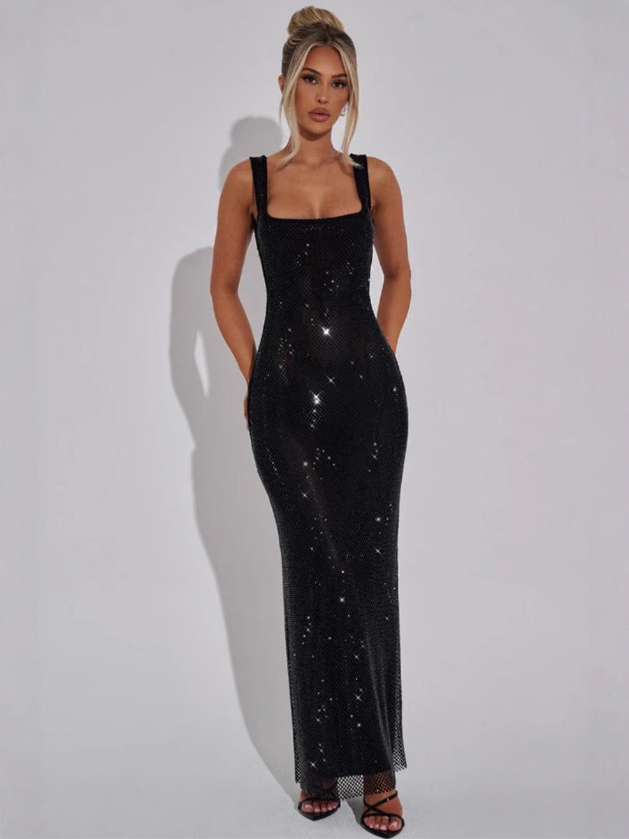 Anouk rhinestone fishnet square neck maxi dress in black — front view on model, square neckline and floor-length column