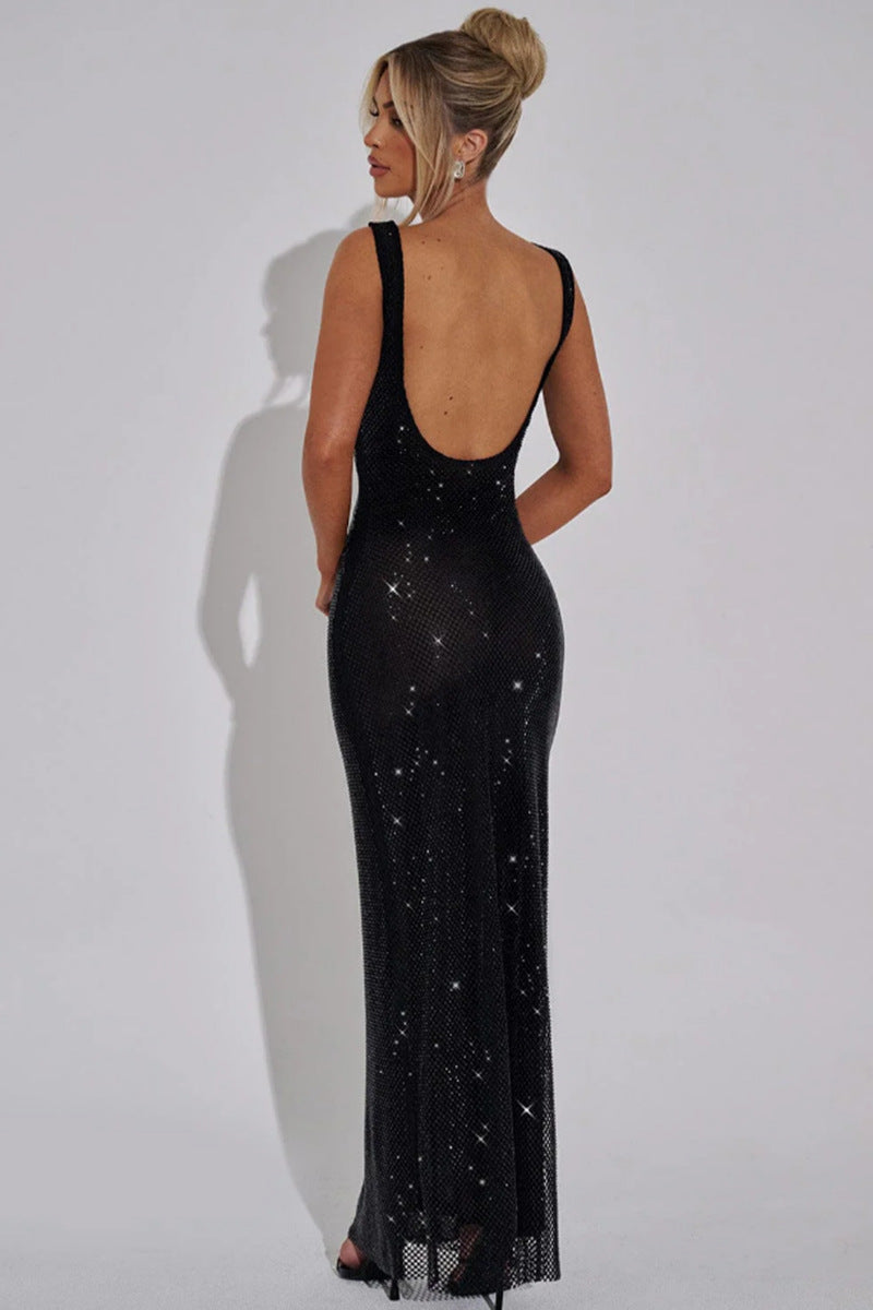 Anouk rhinestone fishnet square neck maxi dress in black — back view on model showing the low scooped open back