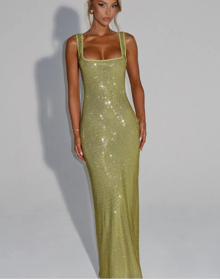 Anouk rhinestone fishnet square neck maxi dress in olive green — second front view on model