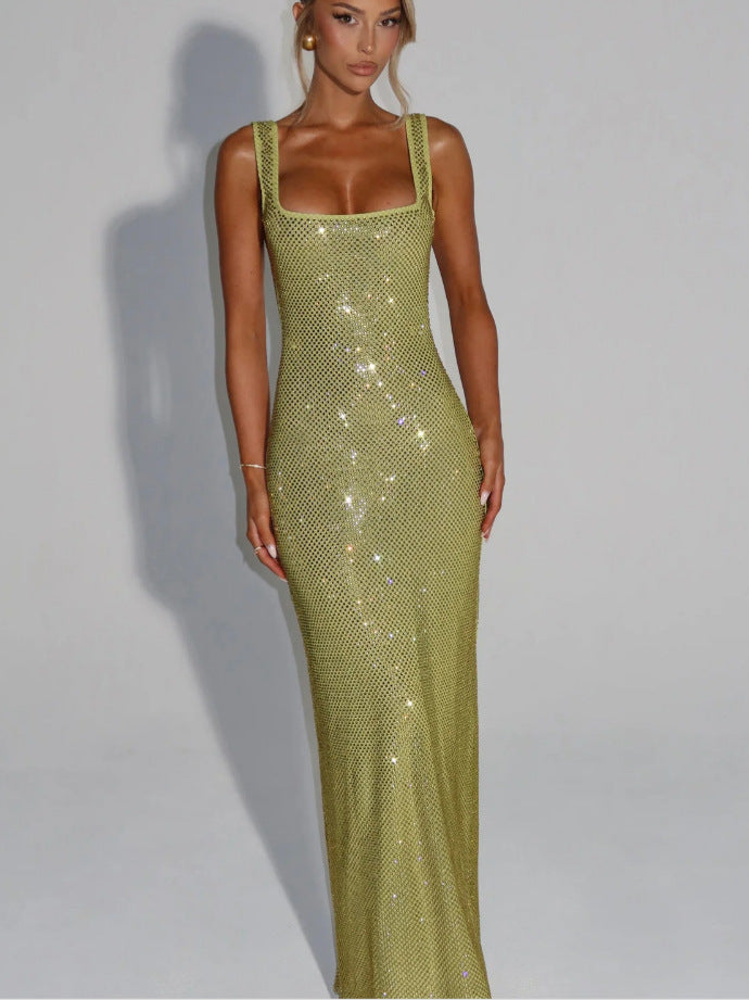 Anouk rhinestone fishnet square neck maxi dress in olive green — front view on model