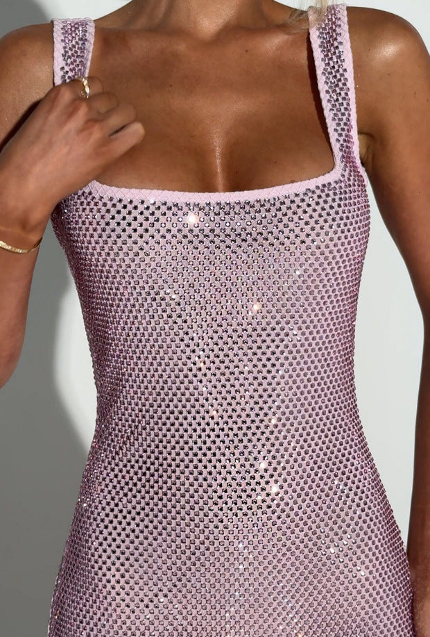 Anouk rhinestone fishnet square neck maxi dress in pink — close-up of the square neckline and rhinestone mesh