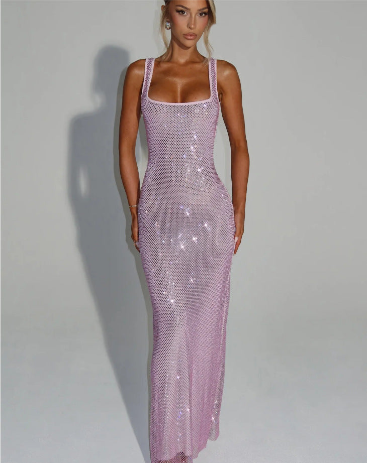 Anouk rhinestone fishnet square neck maxi dress in pink — front view on model