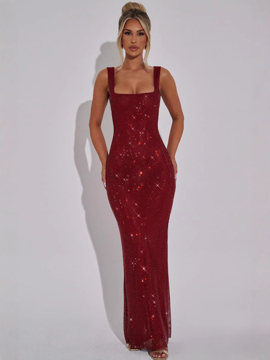 Anouk rhinestone fishnet square neck maxi dress in red — second front view on model