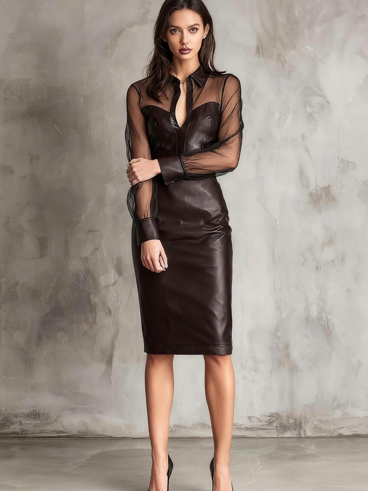Apolline V-Neck Mesh PU Leather Night Dress — full length