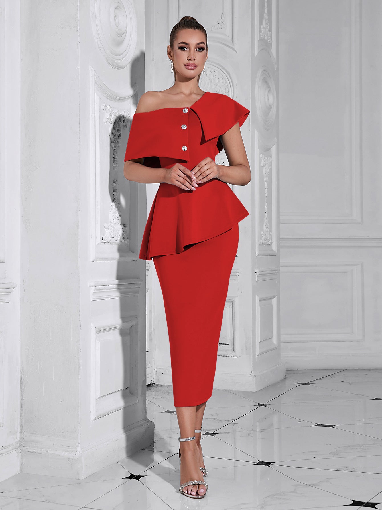 Aurélie one-shoulder crystal-button peplum midi dress in red — front view on model, fitted pencil midi skirt