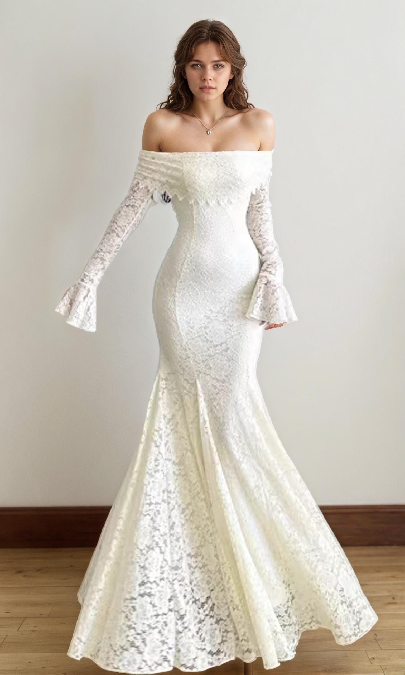 Aurora Off-Shoulder Lace Mermaid Dress — front view
