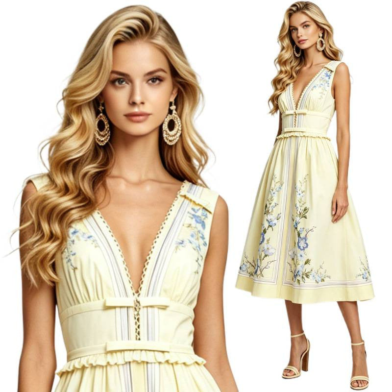 Azalea Yellow Floral Print V-Neck Midi Dress - additional view 5