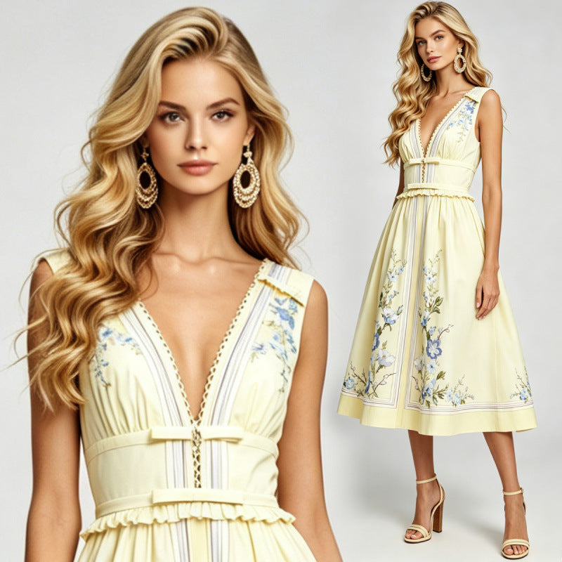 Azalea Yellow Floral Print V-Neck Midi Dress - additional view 6