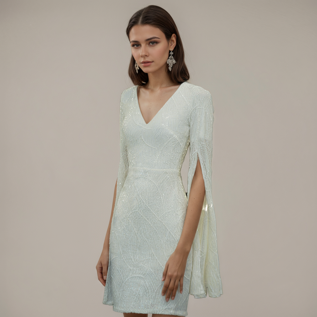 White Sequined Cape-Sleeve Mini Dress