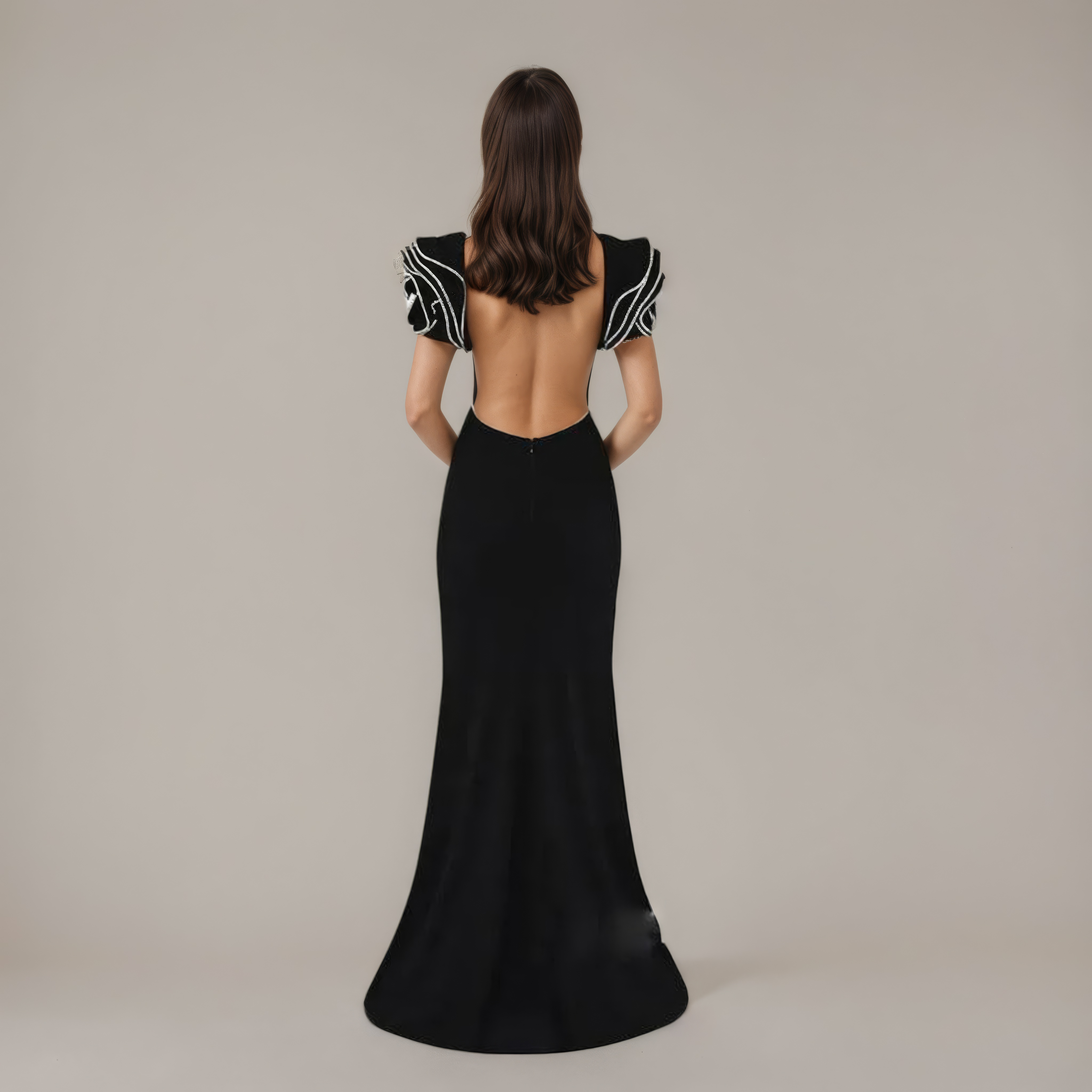 Midnight Bloom Backless Pearl Ruffle Gown