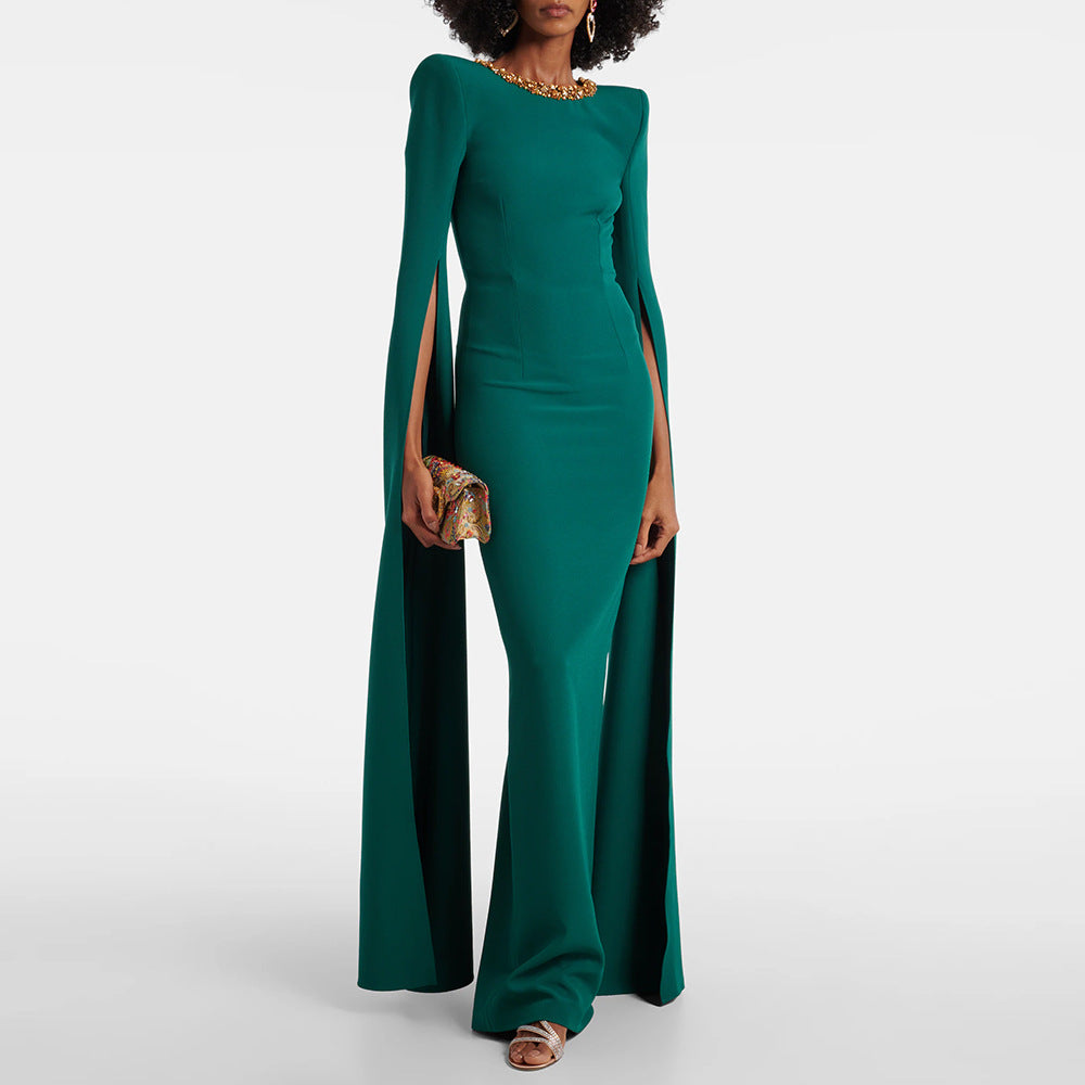 Beaded Crystal Cap Sleeve Evening Gown — front view