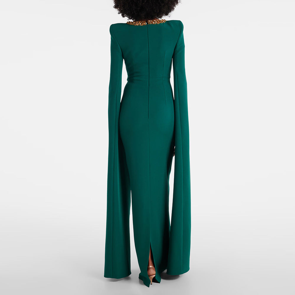 Beaded Crystal Cap Sleeve Evening Gown — full length