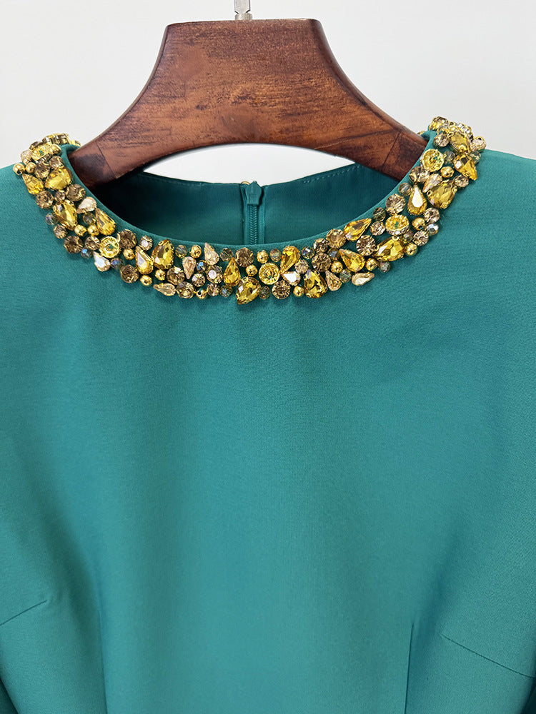 Beaded Crystal Cap Sleeve Evening Gown — fabric and detail