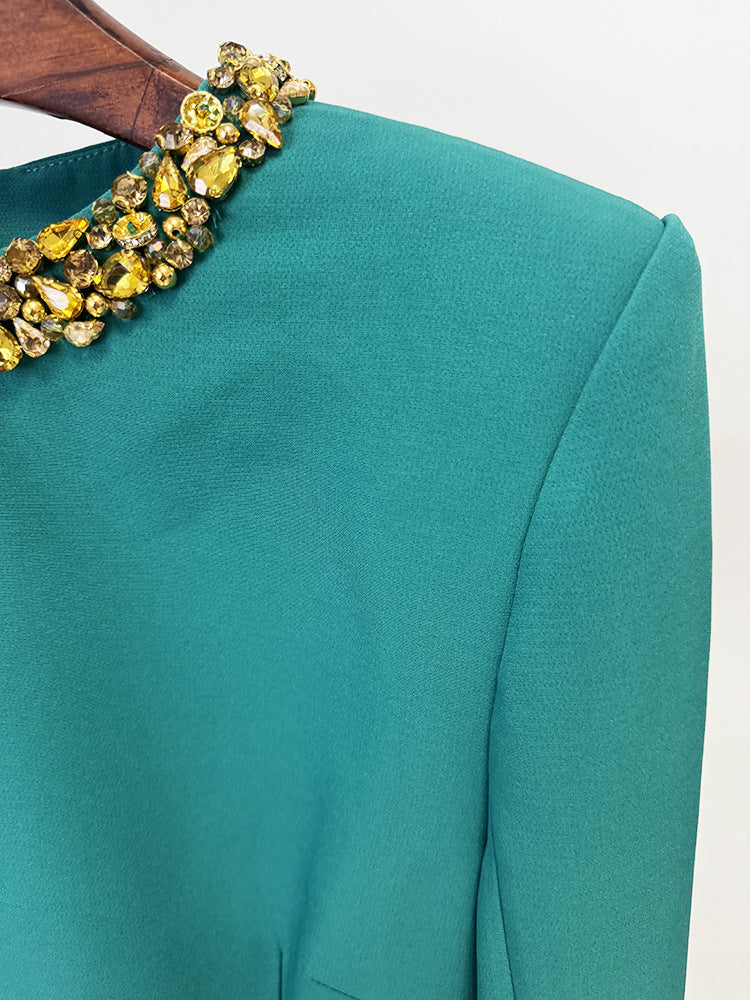 Beaded Crystal Cap Sleeve Evening Gown — back view