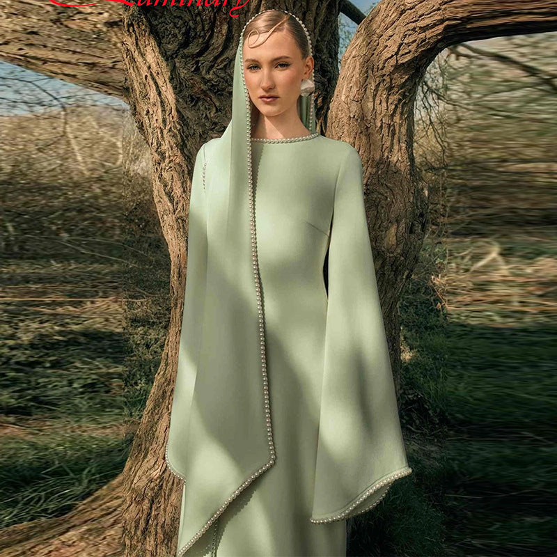 Beaded Flared Sleeve Cape Evening Gown — front view