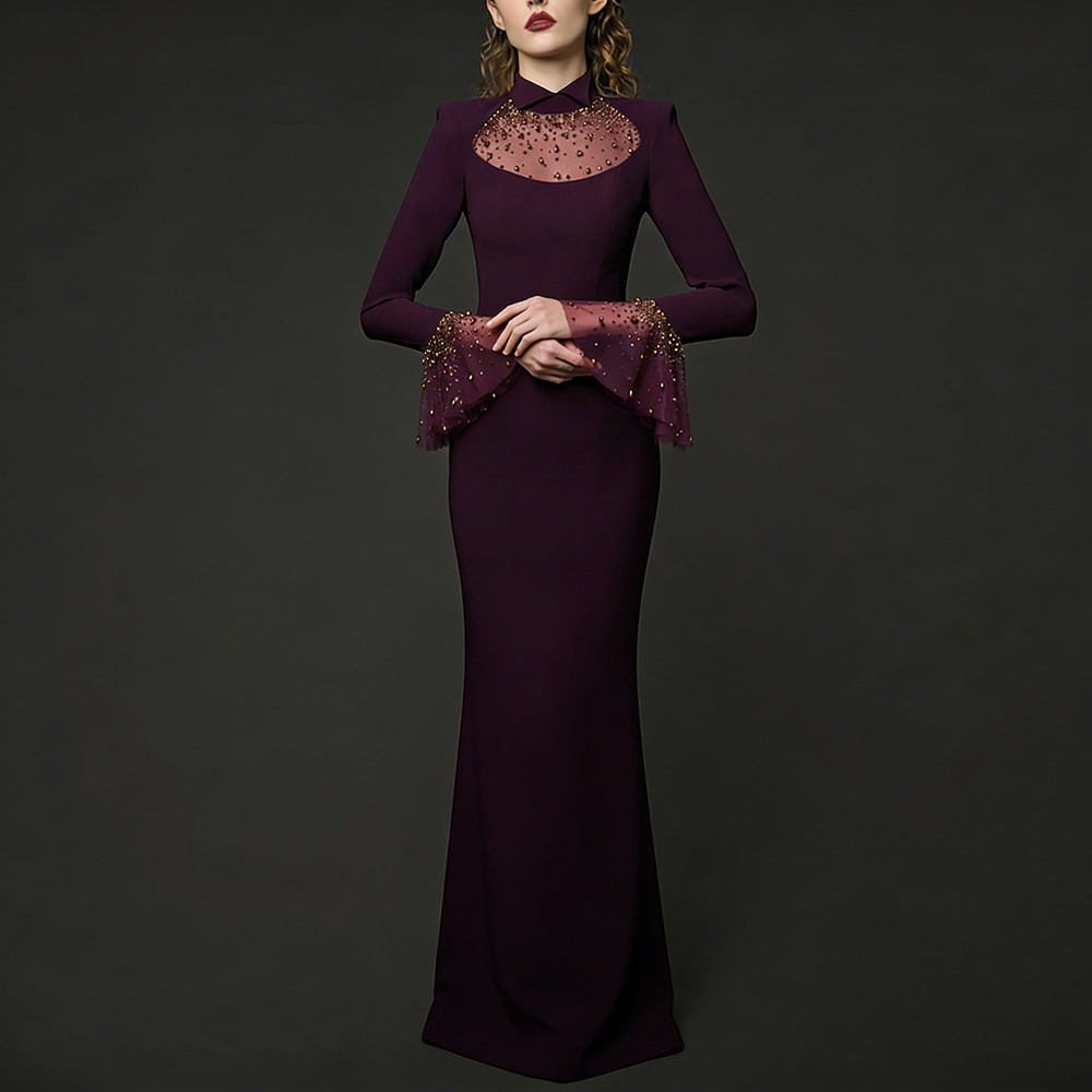 Beaded Long Sleeve Mermaid Evening Gown — front view